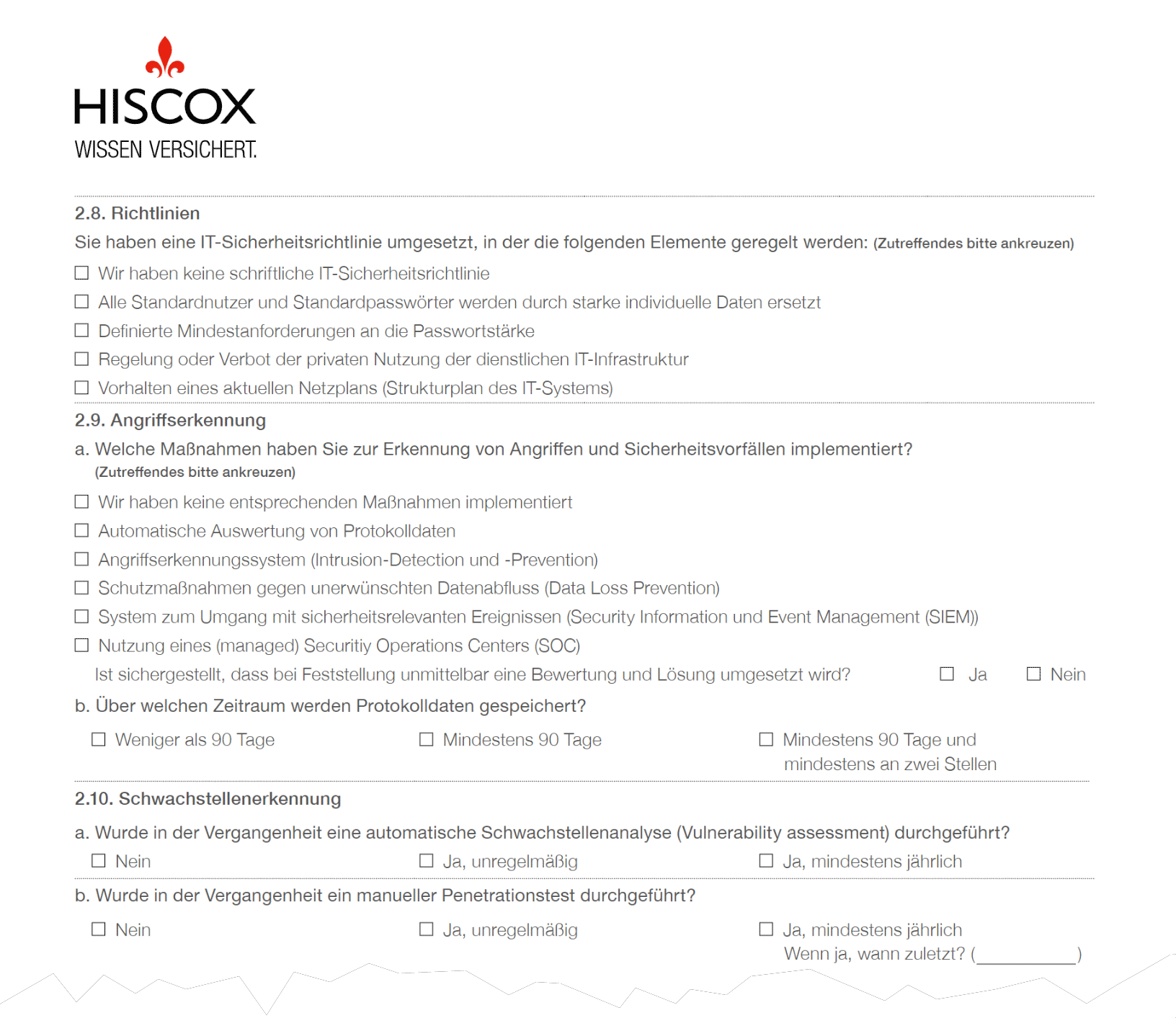 Hiscoc Cyber-Versicherung - Auszug aus dem Antrag